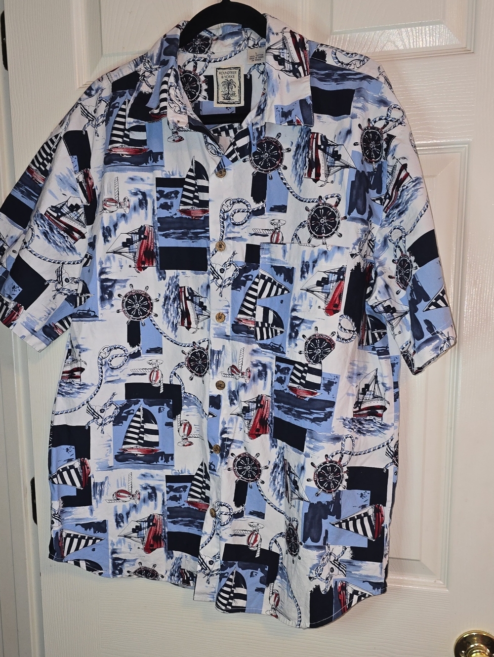 Nautical Print Short-Sleeve Button-Up Shirt - Blue/White‎